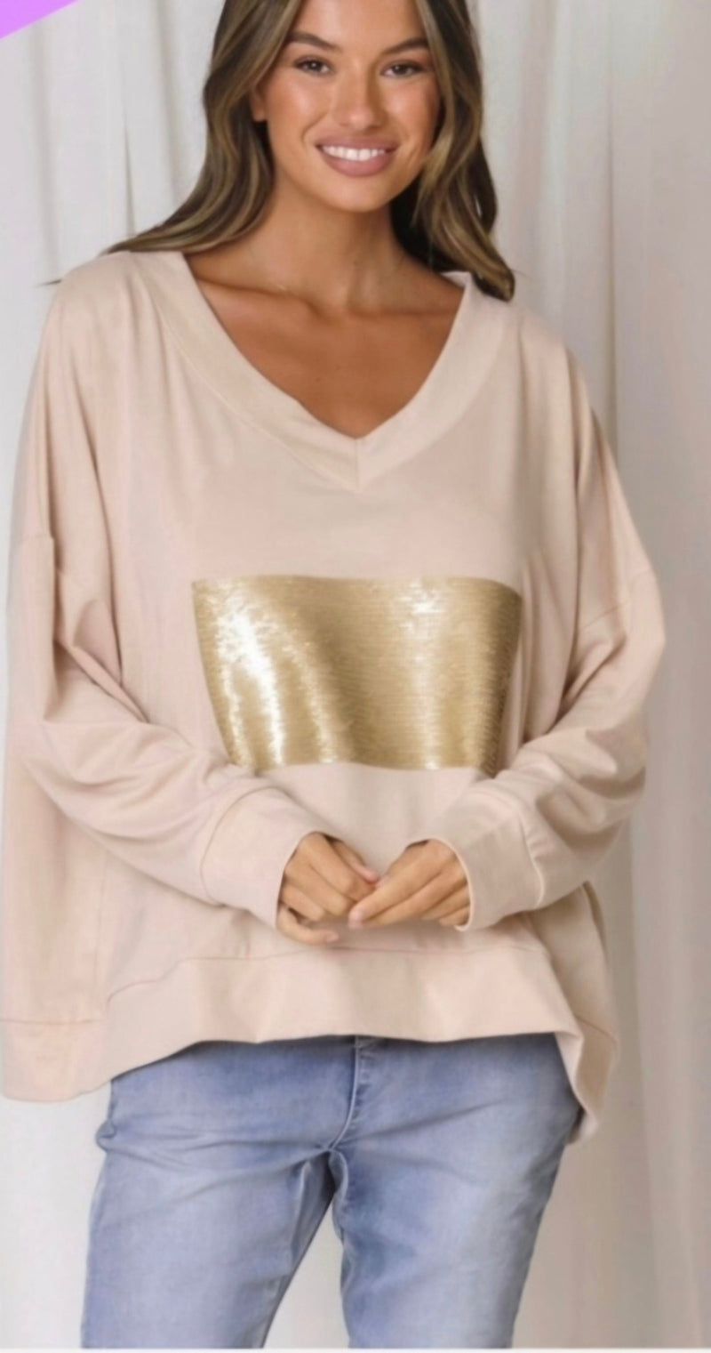 Minimalist Collective| V neck Sequin Sweater | Taupe