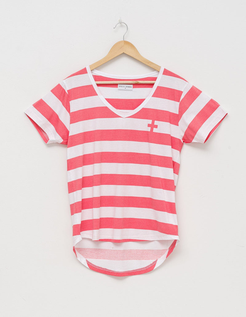 Stella + Gemma | V-Neck T-Shirt | White/Coral Stripe