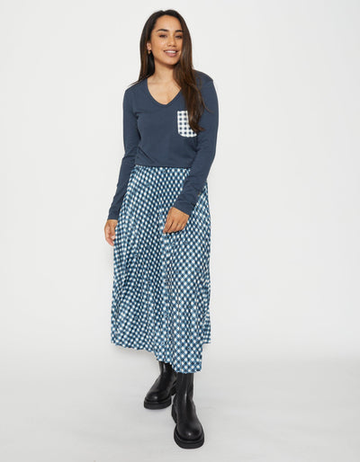 Stella + Gemma | Long Sleeve Top | Navy w/Gingham Pocket